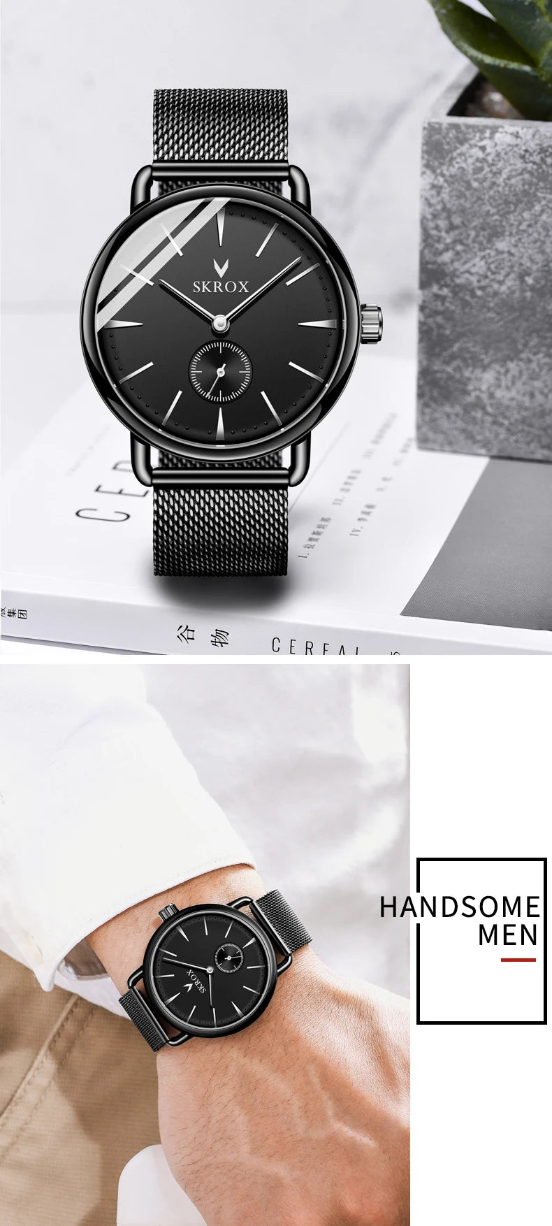 Luxury Brands SKROX Ultra-Thin Mechanical Men's Watch High-End Elegant Design with Mesh Strap Manual Movement Wind-Up Clockwork