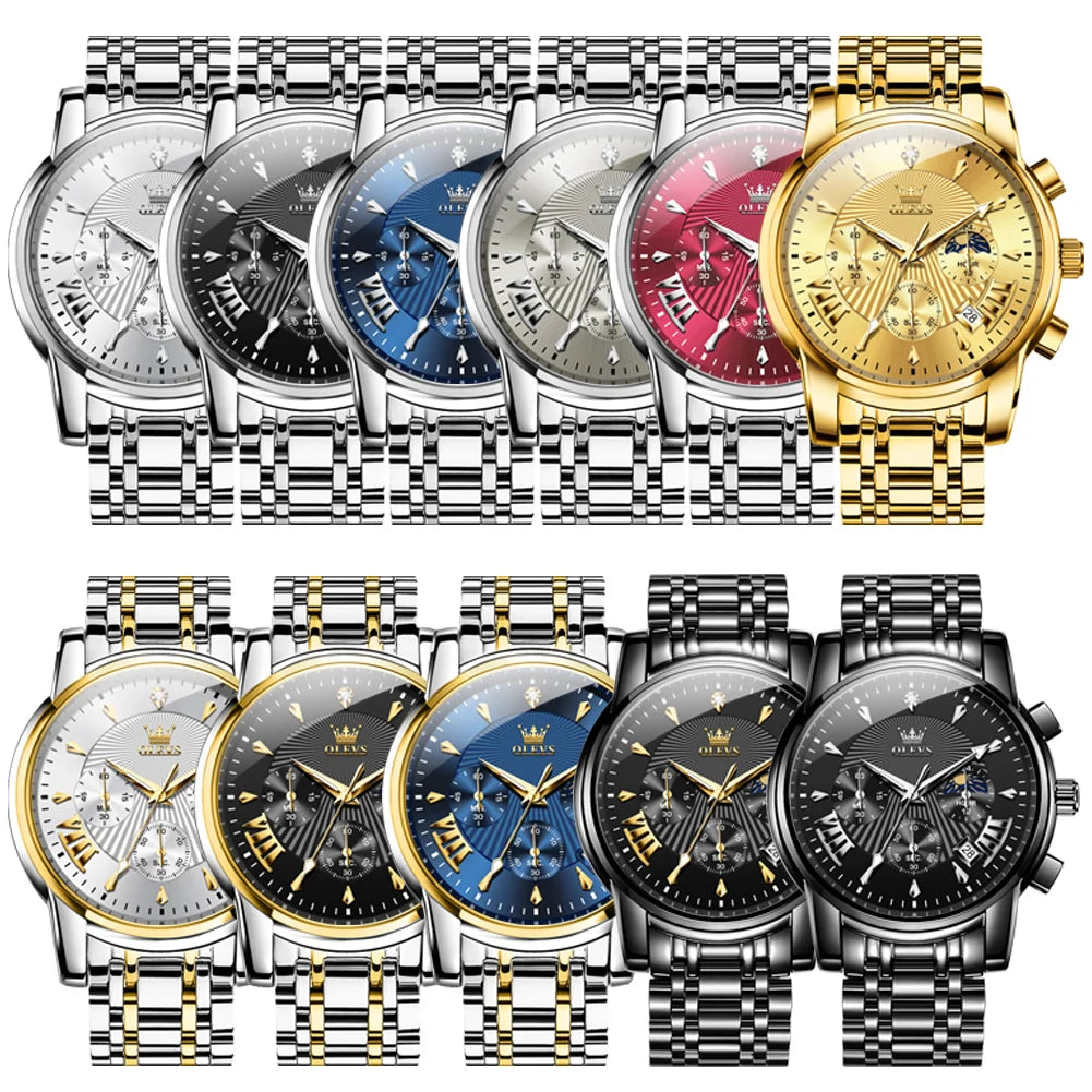 OLEVS Men's Watches 2892 Luxury Business Original Top Brand Quartz Watch for Man Waterproof Moon Phase Date Chronograph Luminous