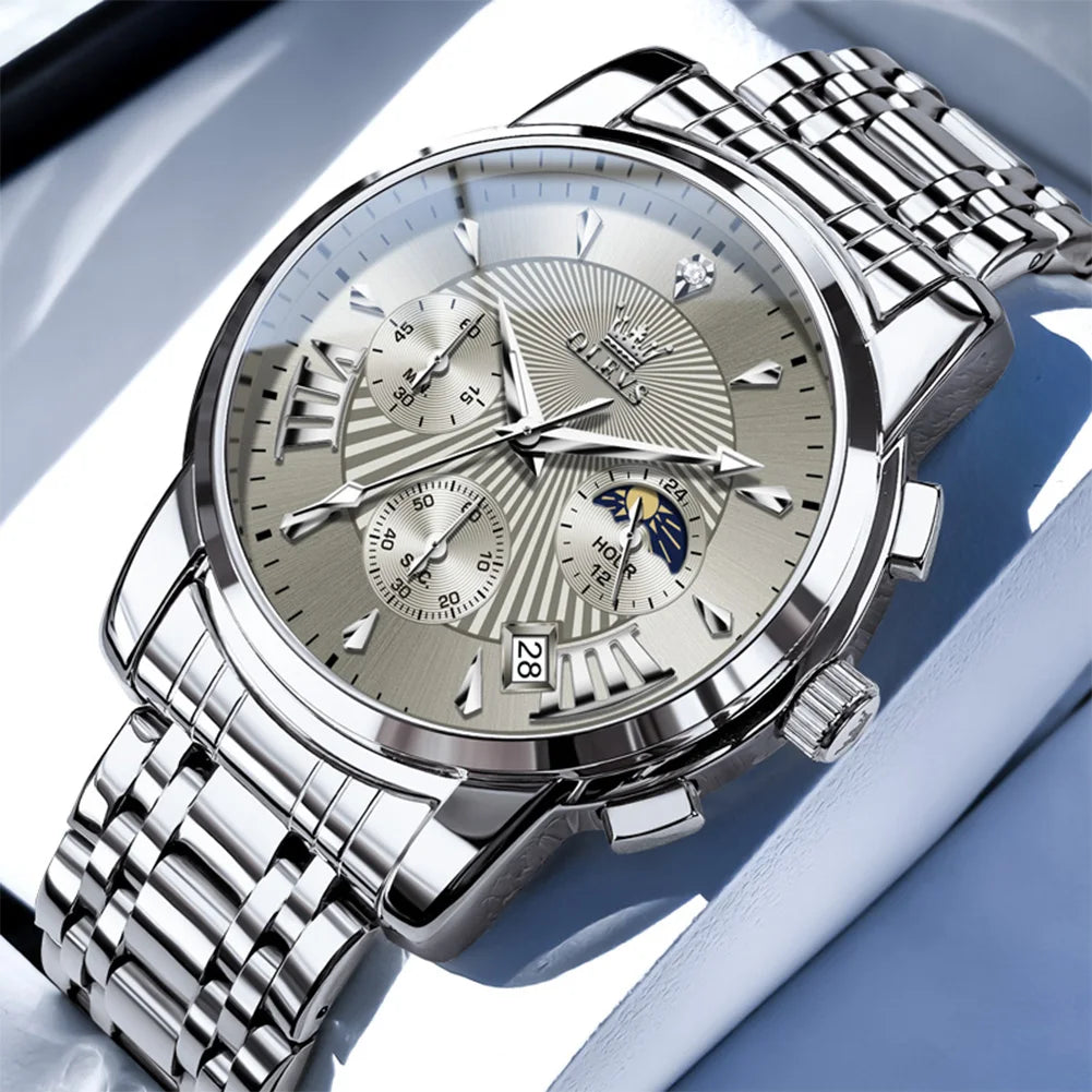 OLEVS Men's Watches 2892 Luxury Business Original Top Brand Quartz Watch for Man Waterproof Moon Phase Date Chronograph Luminous
