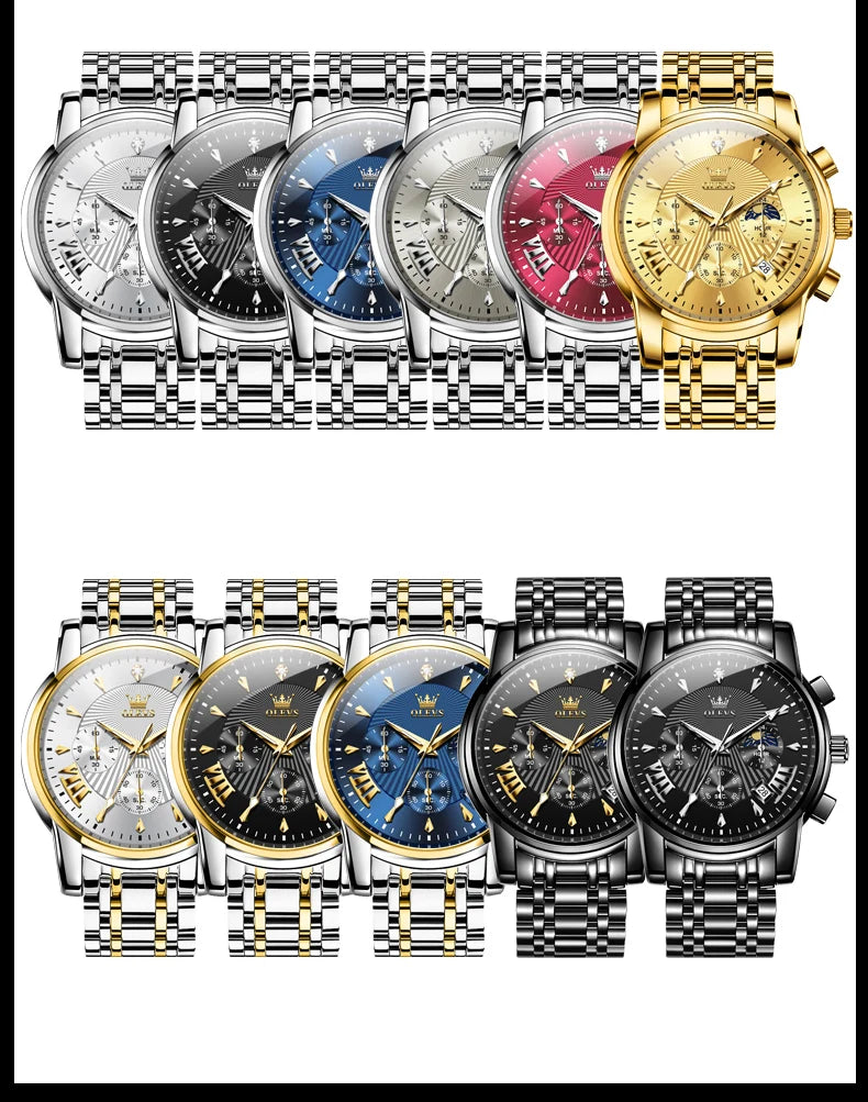 OLEVS Men's Watches 2892 Luxury Business Original Top Brand Quartz Watch for Man Waterproof Moon Phase Date Chronograph Luminous