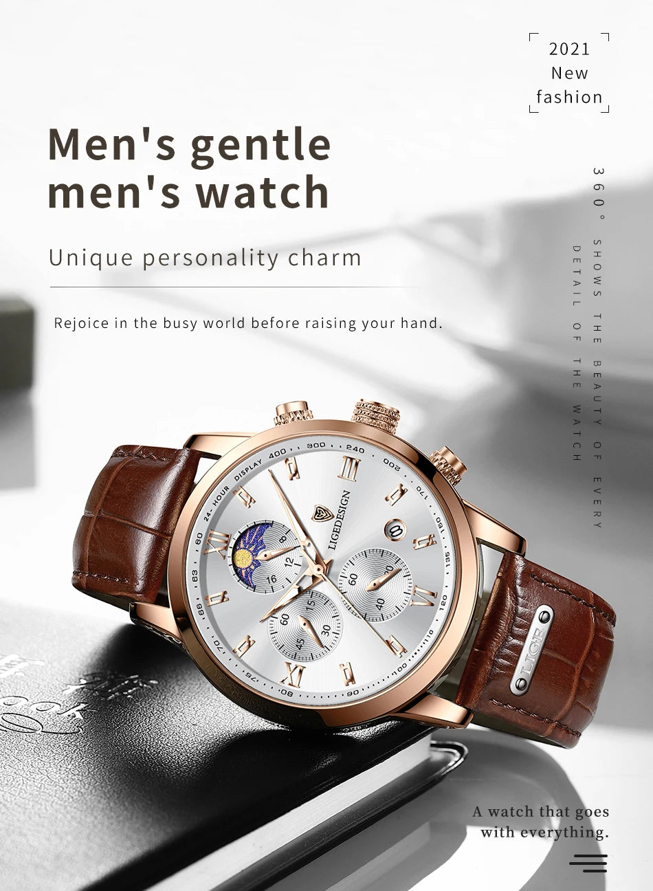 LIGE New Casual Men Watch Luxury Leather Waterproof Sport Quartz Wristwatch Chronograph Military Watch for Men Relogio Masculino