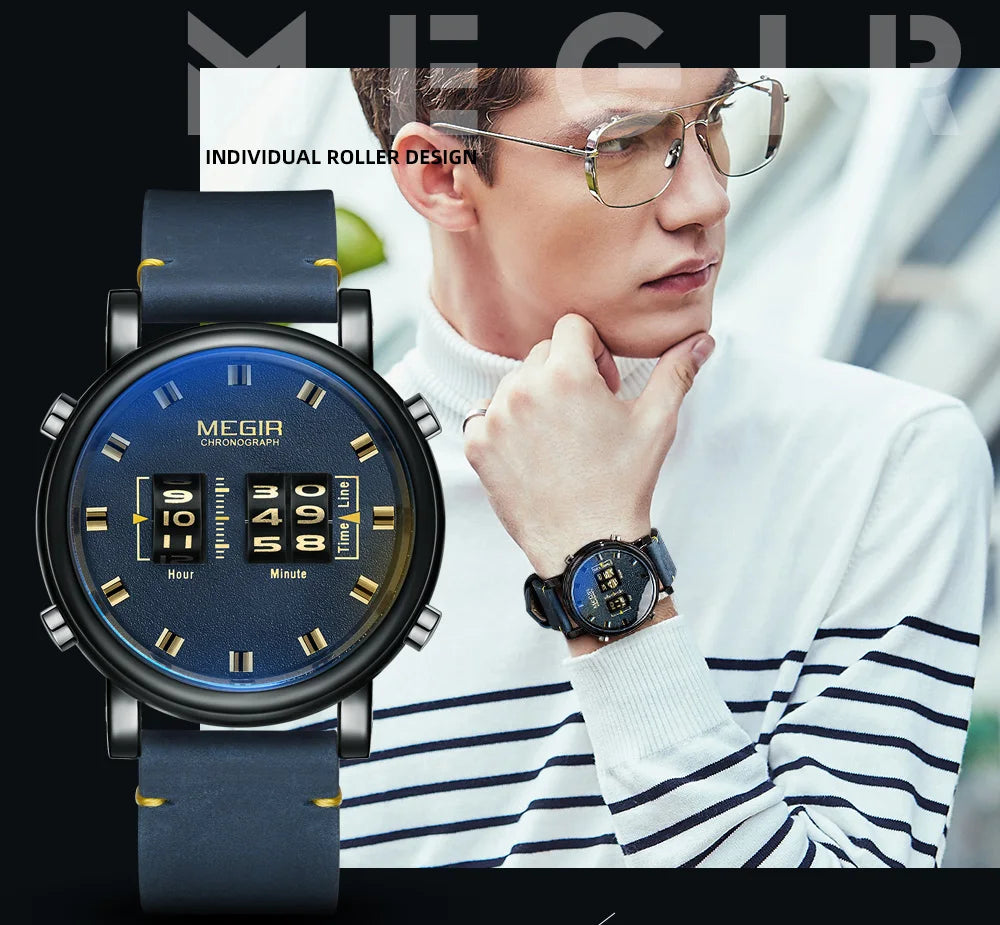 MEGIR Luxury Brand Men Sport Casual Watches Leather Strap Digital Roller Pointer Quartz Wristwatch Clock Relogio Masculino 2137