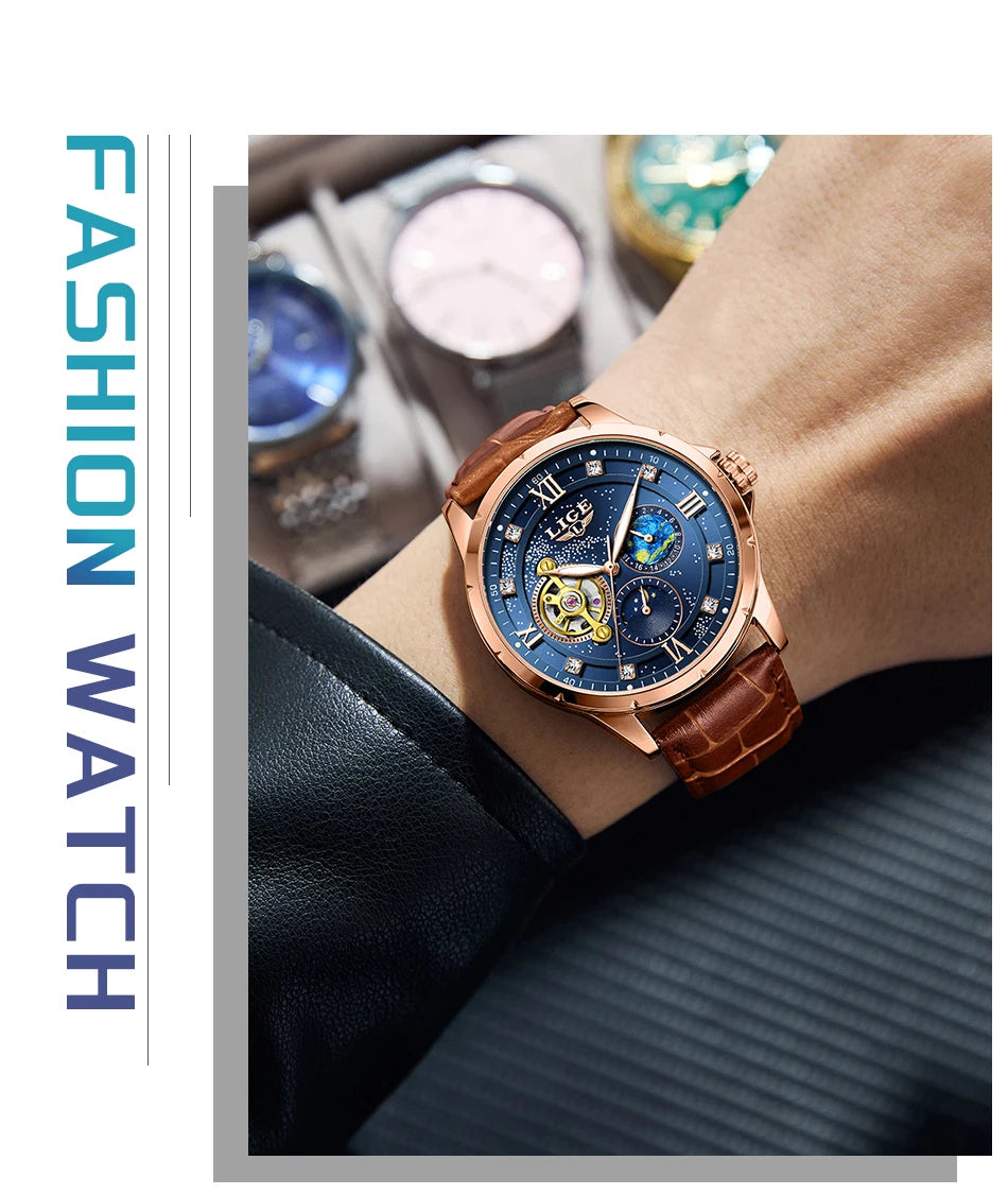 LIGE Top Luxury Mechanical Watches Men Fashion Diamonds Automatic Mens Watch 30M Waterproof Luminous Wristwatch Male Reloj 2026