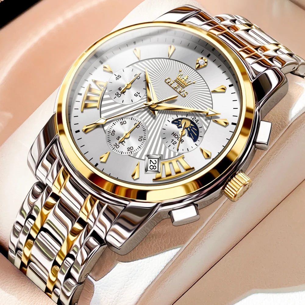 OLEVS Men's Watches 2892 Luxury Business Original Top Brand Quartz Watch for Man Waterproof Moon Phase Date Chronograph Luminous