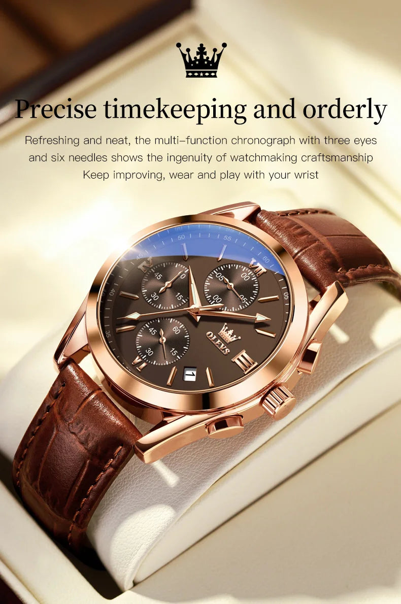 OLEVS Mens Watches Top Brand Luxury Chronograph Quartz Watch Men Sport Leather Waterproof Luminous Date Business Wristwatch Male