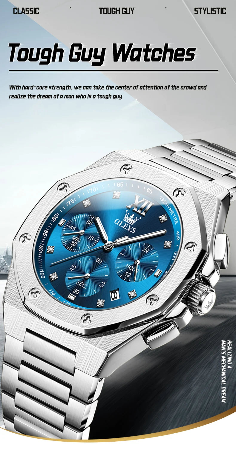 OLEVS Men's Watches Classic Luxury Top Brand Fine Steel Original Quartz Wristwatch for Man Waterproof Luminous Date Chronograph