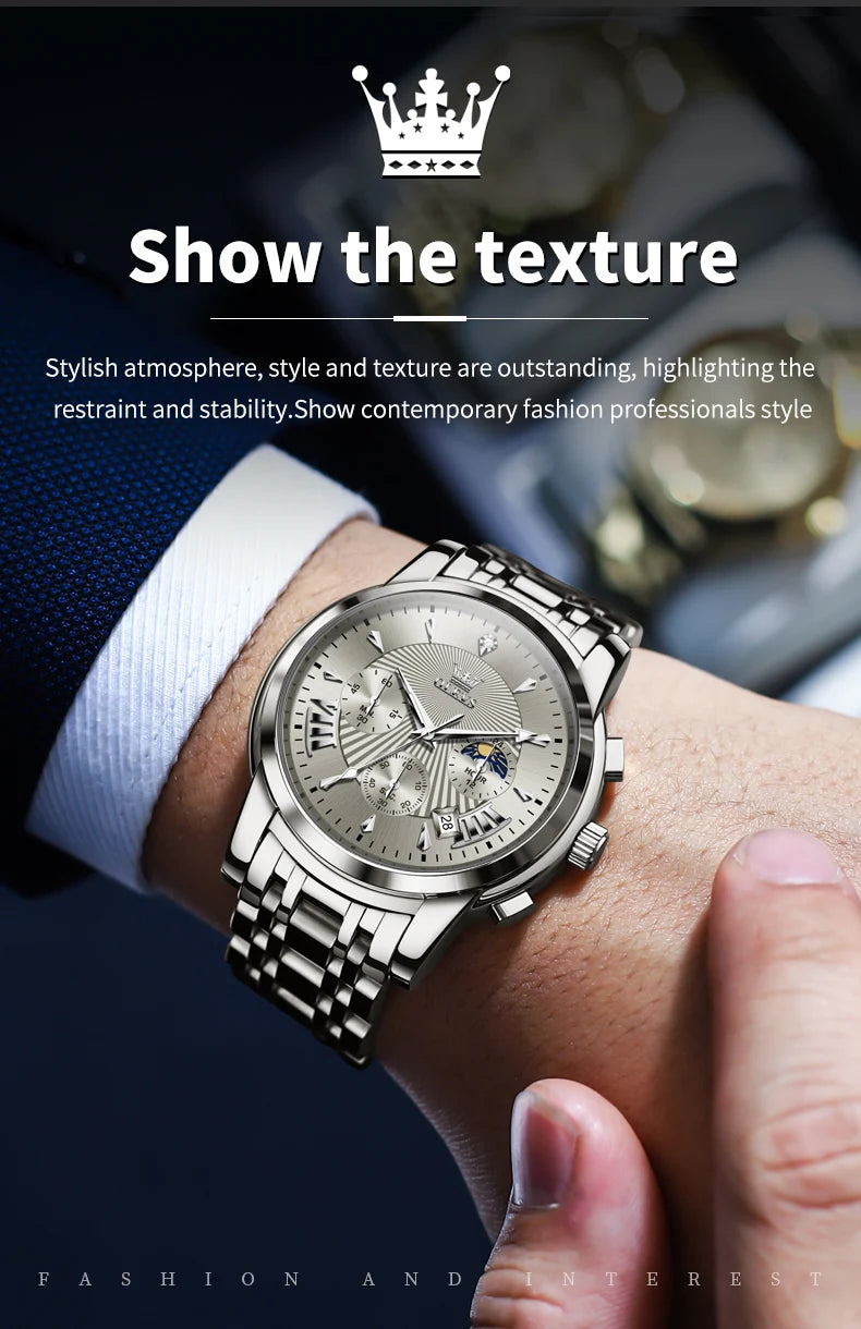 OLEVS Men's Watches 2892 Luxury Business Original Top Brand Quartz Watch for Man Waterproof Moon Phase Date Chronograph Luminous