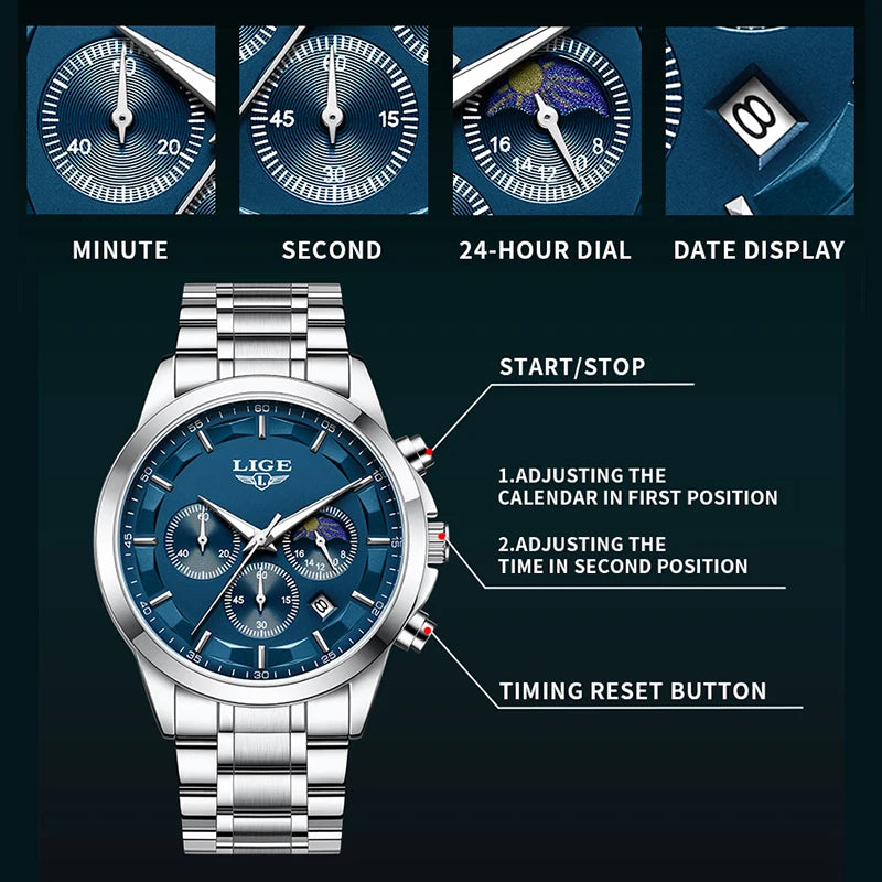 LIGE 2025 New Luxury Mens Watch Fashion Business Quartz Wristwatches Sports Waterproof Luminous Steel Watches Men Reloj Hombre