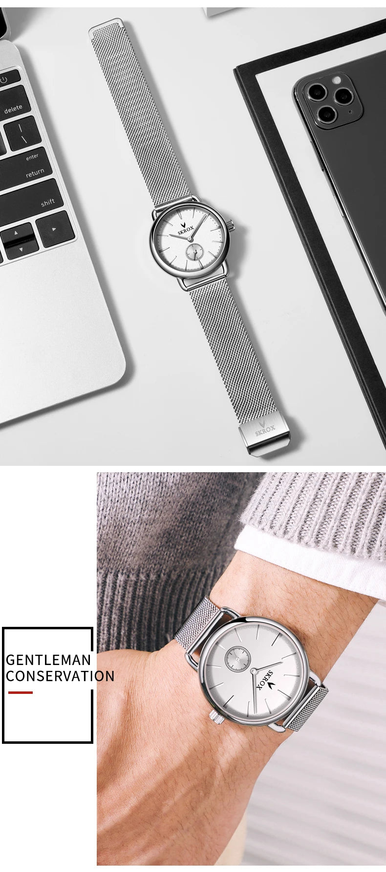Luxury Brands SKROX Ultra-Thin Mechanical Men's Watch High-End Elegant Design with Mesh Strap Manual Movement Wind-Up Clockwork