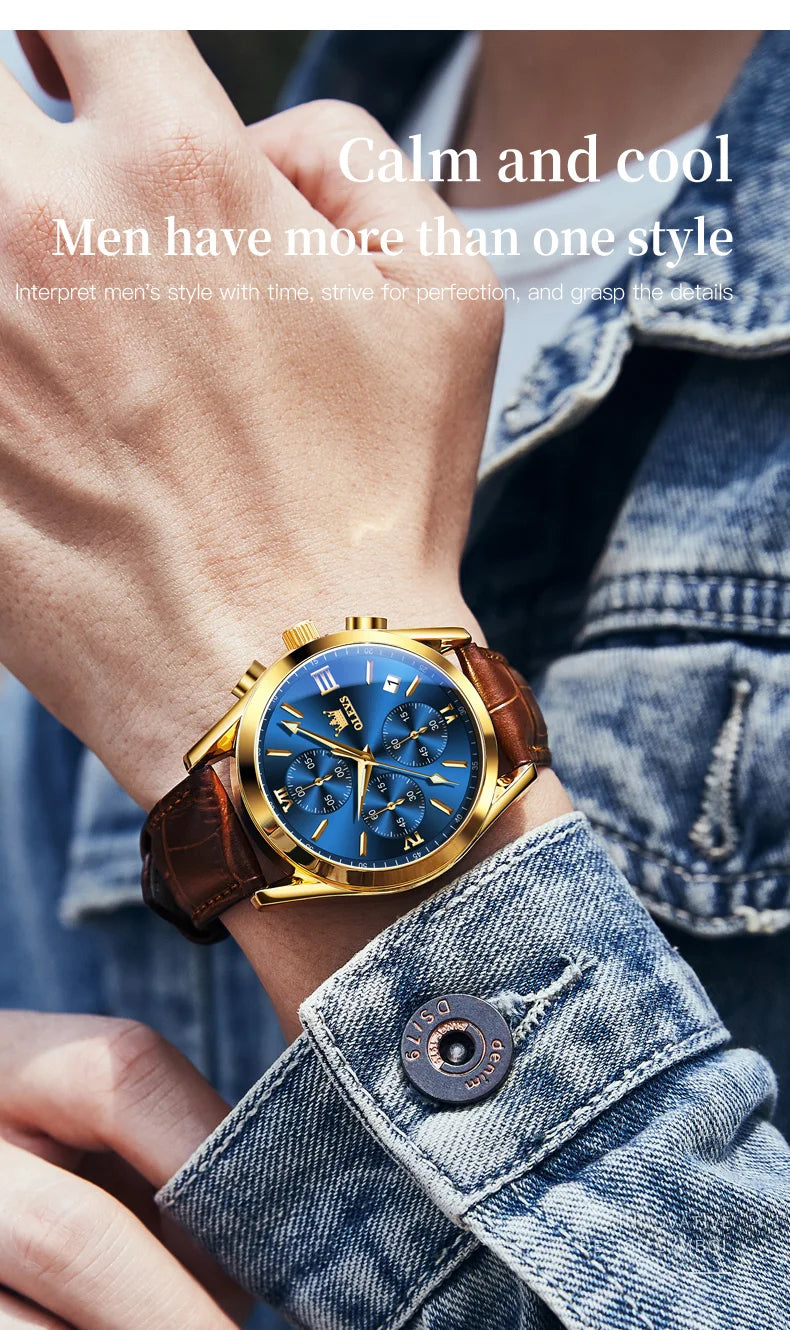 OLEVS Mens Watches Top Brand Luxury Chronograph Quartz Watch Men Sport Leather Waterproof Luminous Date Business Wristwatch Male