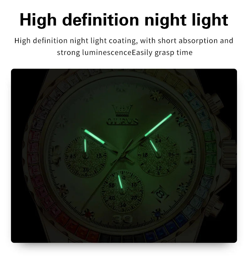 Watches For Men OLEVS Original Rainbow Gem Light Rose Gold Luxury Series Quartz Watch Waterproof Steel Strap Men's Watch New