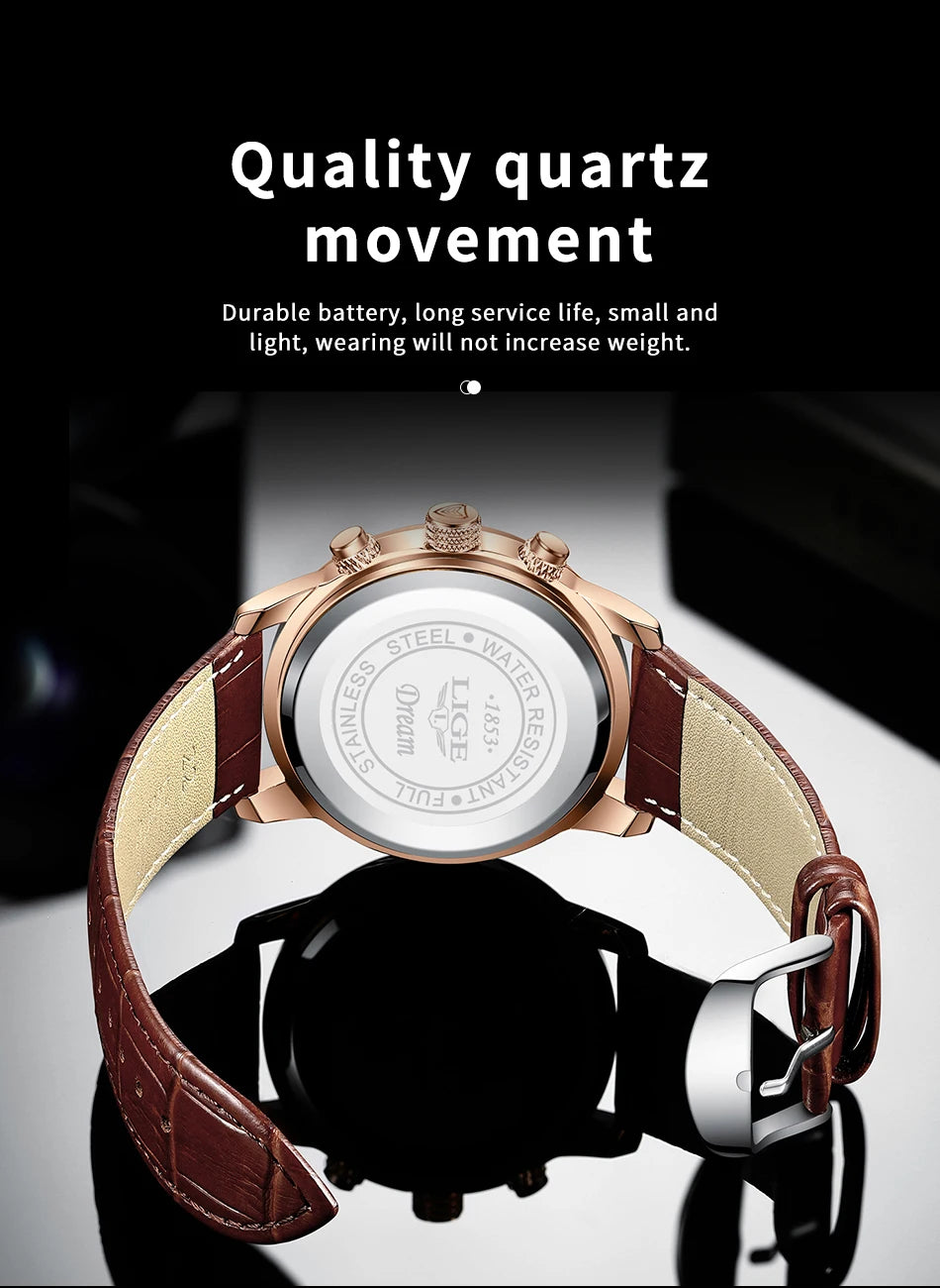 LIGE New Casual Men Watch Luxury Leather Waterproof Sport Quartz Wristwatch Chronograph Military Watch for Men Relogio Masculino
