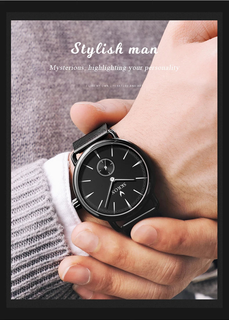 Luxury Brands SKROX Ultra-Thin Mechanical Men's Watch High-End Elegant Design with Mesh Strap Manual Movement Wind-Up Clockwork