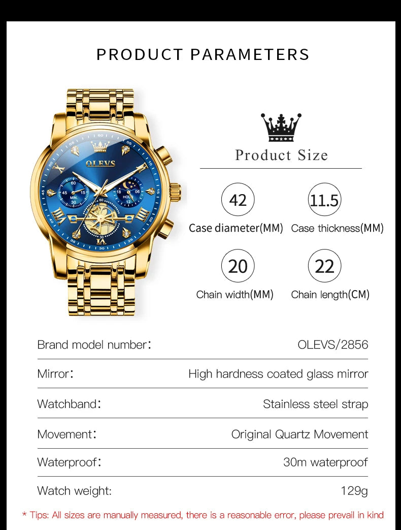 OLEVS Luxury Brand Men's Watch Classic Roman Scale Flywheel Design Moon Phase Waterproof Quartz Watch for Men Original 2856