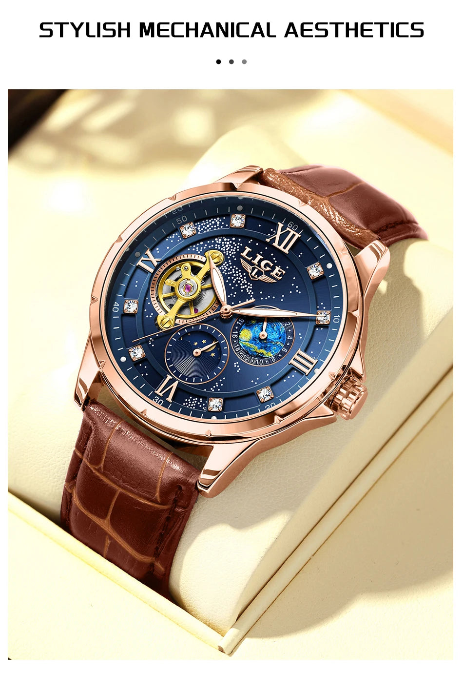 LIGE Top Luxury Mechanical Watches Men Fashion Diamonds Automatic Mens Watch 30M Waterproof Luminous Wristwatch Male Reloj 2026