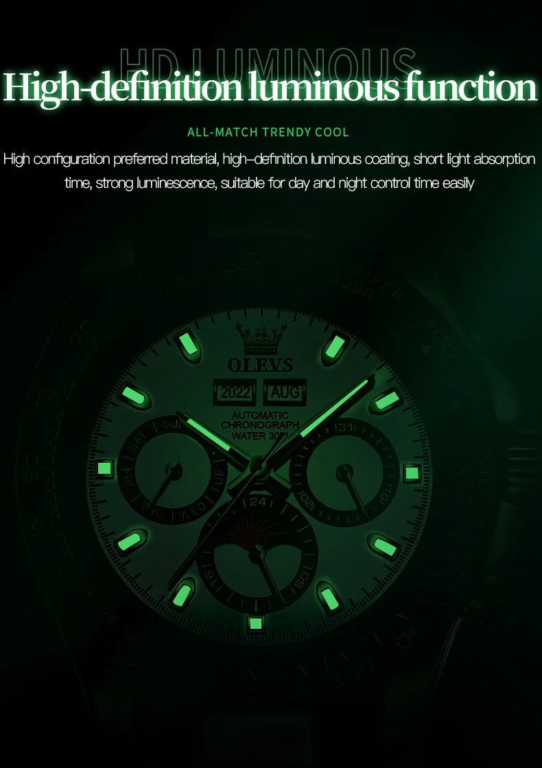 OLEVS 6654 Mens Watch Chronograph Automatic Mechanical Wristwatch Light Luxury Waterproof Luminous Function Brand Watch for Man