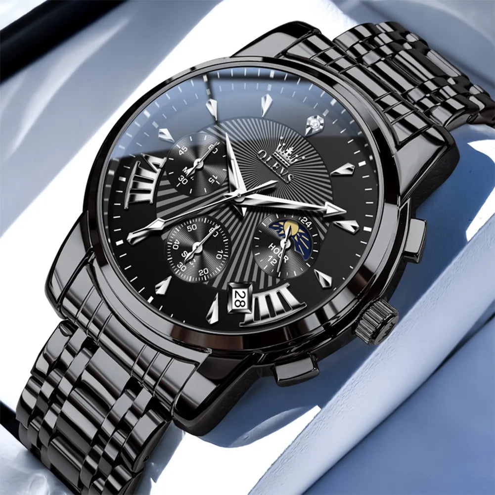 OLEVS Men's Watches 2892 Luxury Business Original Top Brand Quartz Watch for Man Waterproof Moon Phase Date Chronograph Luminous