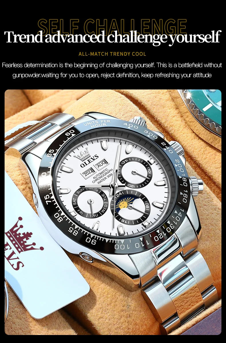 OLEVS 6654 Top Brand Men's Watches Classic Fashion Automatic Mechanical Watch for Man Complete Calendar Moon Phase Waterproof