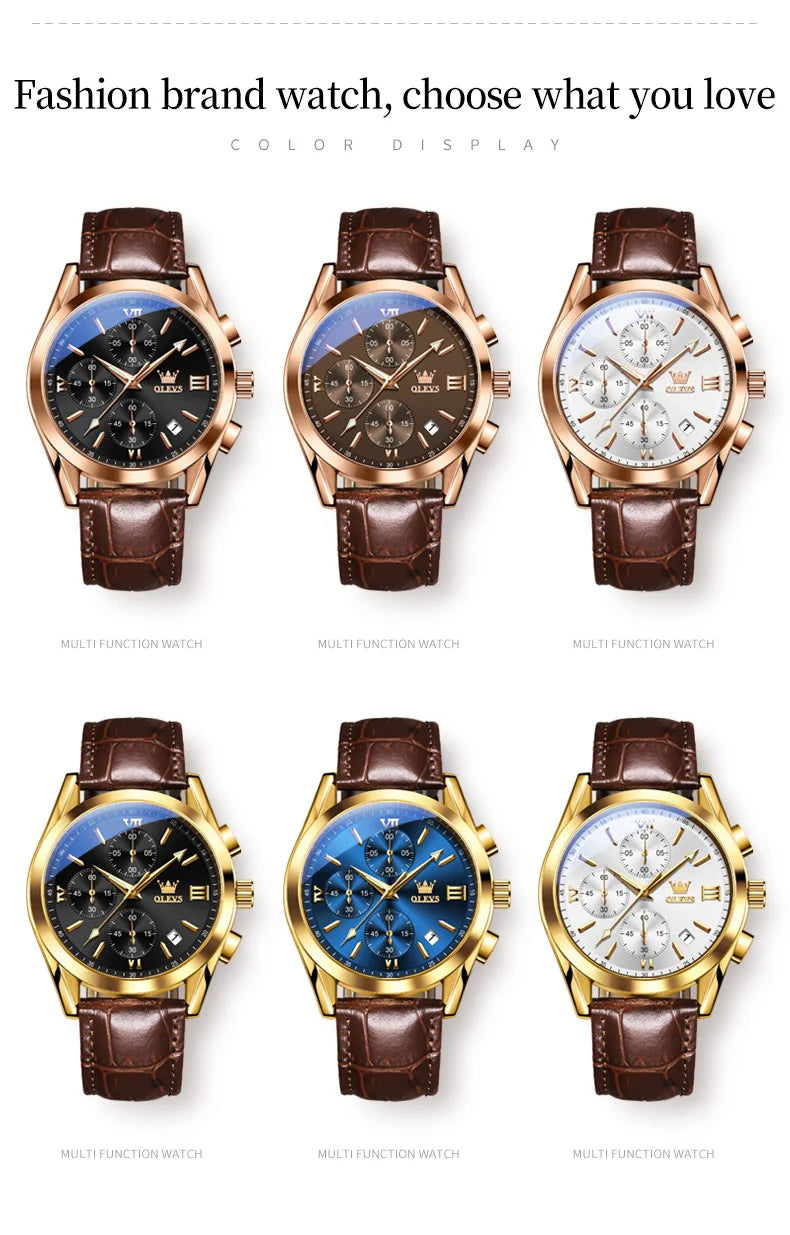 OLEVS 2872 Chronograph Men's Wristwatches Leather Strap Waterproof Luminous Original Quartz Watch for Men Luxury Sport Man Watch