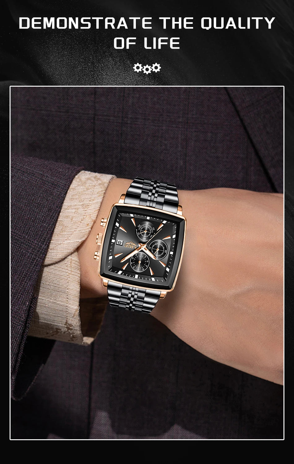 LIGE Fashion Luxury  Watches for Men Square Dial Stainless Steel Waterproof Luminous Auto Date Chronograph Quartz Man Watch+Box
