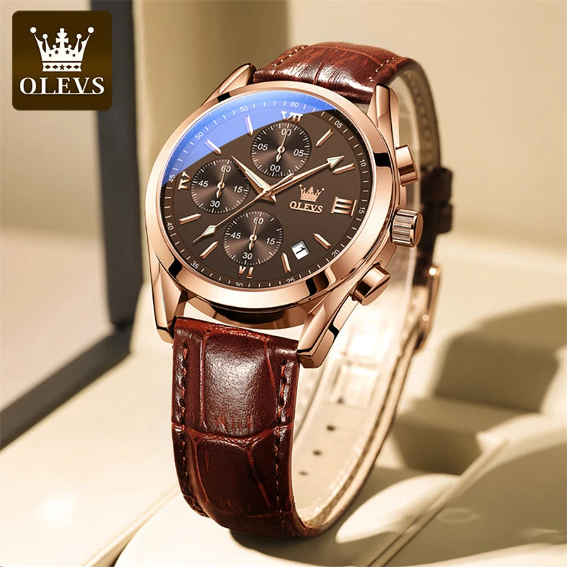 OLEVS Mens Watches Top Brand Luxury Chronograph Quartz Watch Men Sport Leather Waterproof Luminous Date Business Wristwatch Male