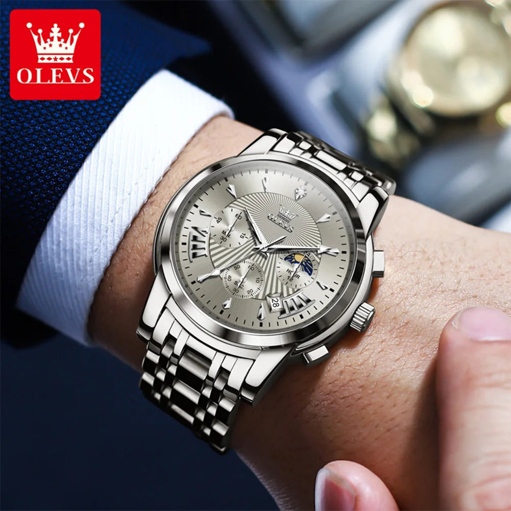 OLEVS Men's Watches 2892 Luxury Business Original Top Brand Quartz Watch for Man Waterproof Moon Phase Date Chronograph Luminous