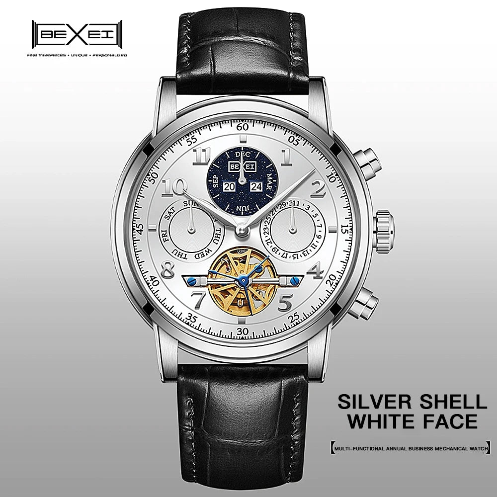 BEXEI 2025 Perpetual Calendar Automatic Watch Waterproof Mens Watches Top Brand Luxury Tourbillon Mechanical Watches for Man