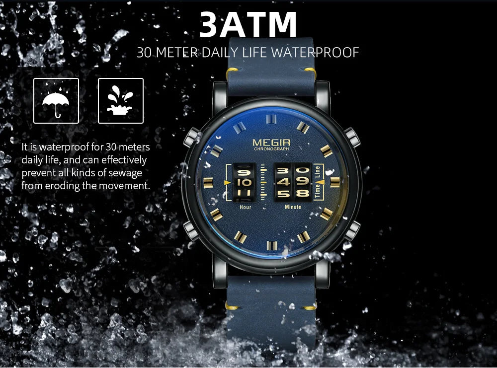 MEGIR Luxury Brand Men Sport Casual Watches Leather Strap Digital Roller Pointer Quartz Wristwatch Clock Relogio Masculino 2137