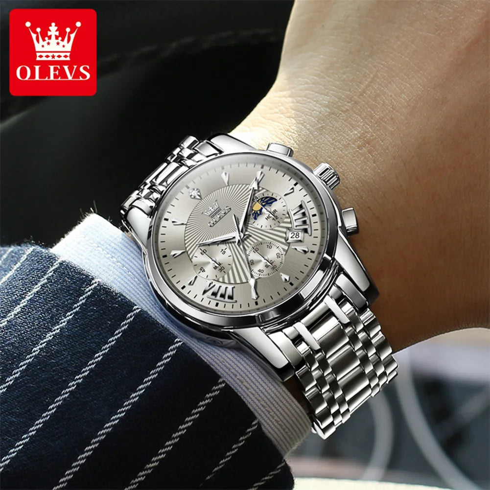 OLEVS Men's Watches 2892 Luxury Business Original Top Brand Quartz Watch for Man Waterproof Moon Phase Date Chronograph Luminous