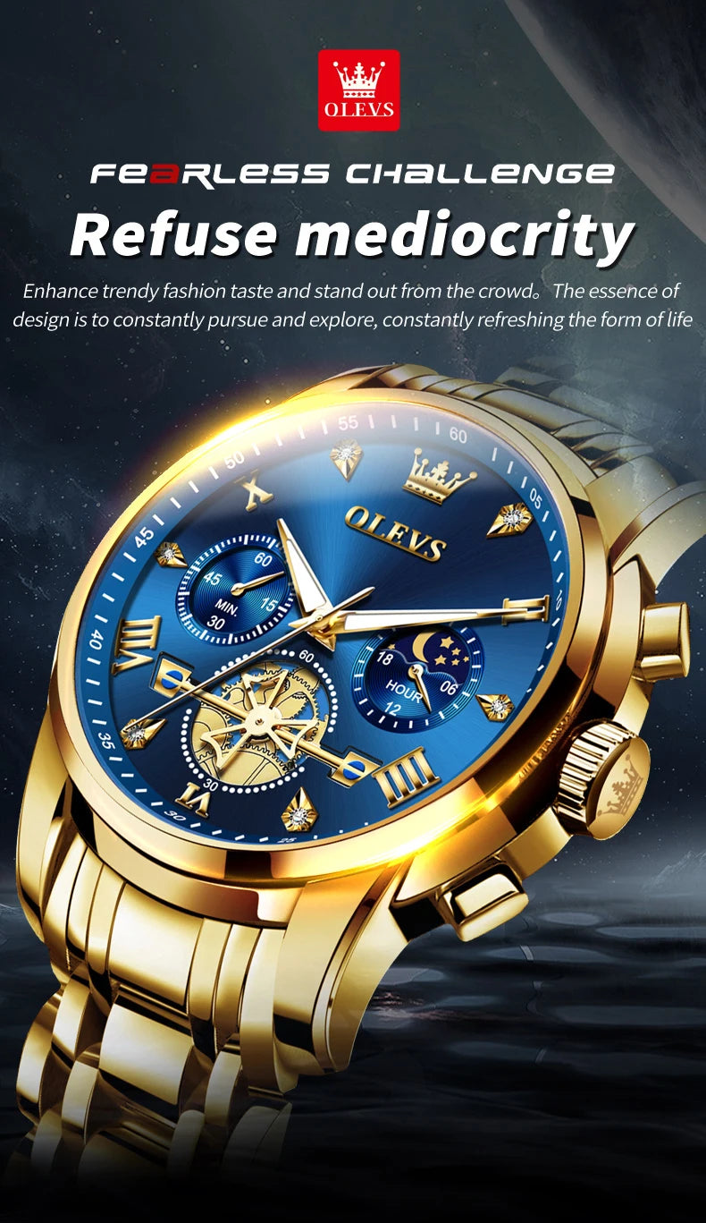 OLEVS Luxury Brand Men's Watch Classic Roman Scale Flywheel Design Moon Phase Waterproof Quartz Watch for Men Original 2856