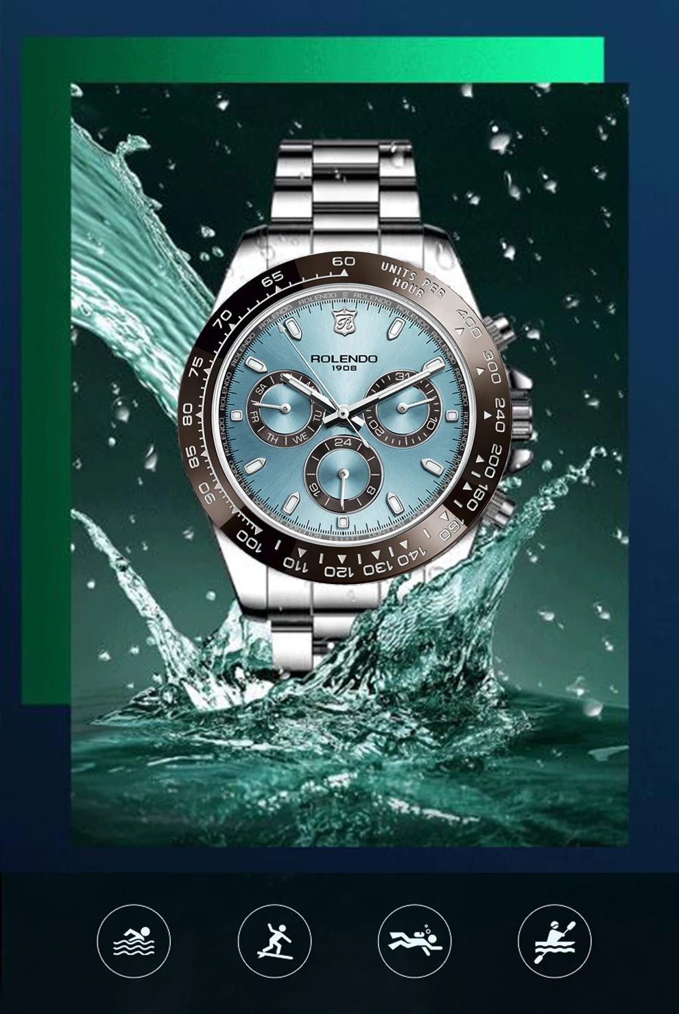 ROLENDO Luxury Men Automatic Diver Watch 40.5mm Mineral Crystal Luminous Date 300M Waterproof High-end Men's Wristwatch Gift