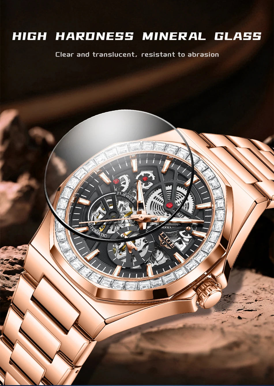 LIGE New Luxury Rose Gold Waterproof Watches For Men Casual Business Watch Men Luminous Automatic Men's Mechanical Wristwatch
