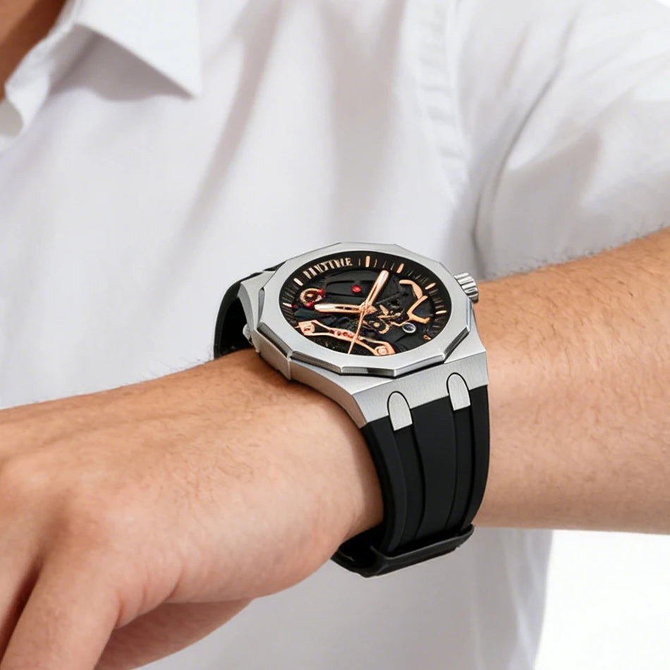 Premium Luxury Sports Watch for Men Water Resistant Automatic Mechanical Stone Style Timepiece Men's Wristwatch Retro Watch