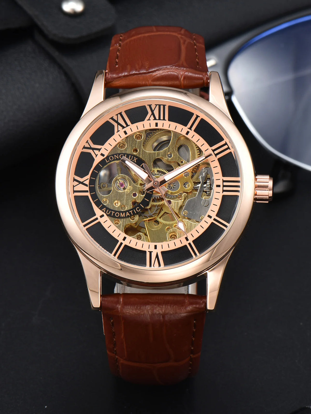 Men automatic watch luxury rome mechanical watches waterproof skeleton noctilucent leather mens watch choice of gift giving