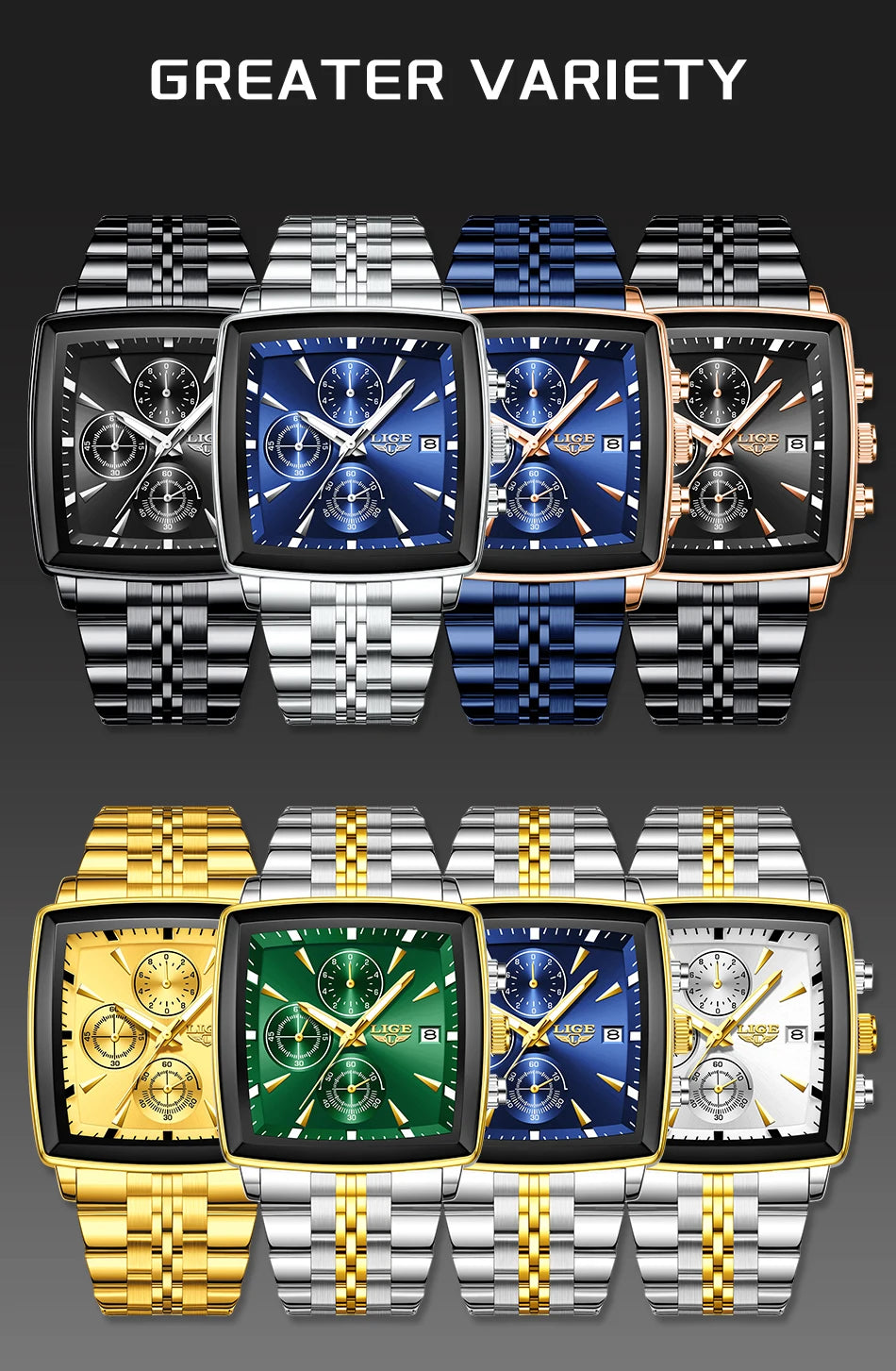 LIGE Fashion Luxury  Watches for Men Square Dial Stainless Steel Waterproof Luminous Auto Date Chronograph Quartz Man Watch+Box