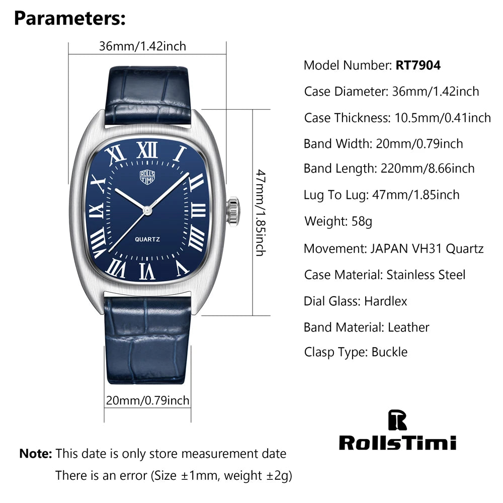 2025 New RollsTime Men's Watches Quartz Wristwatches Top Brand Luxury Watch For Men VH31 Sports Waterproof Leather Clock Reloj