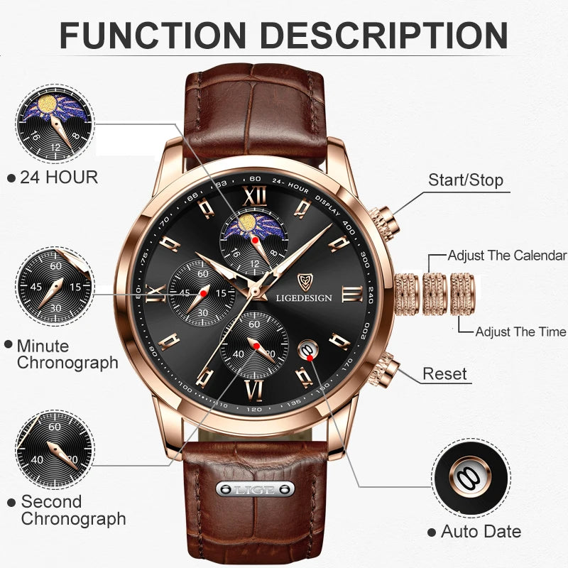 LIGE New Casual Men Watch Luxury Leather Waterproof Sport Quartz Wristwatch Chronograph Military Watch for Men Relogio Masculino