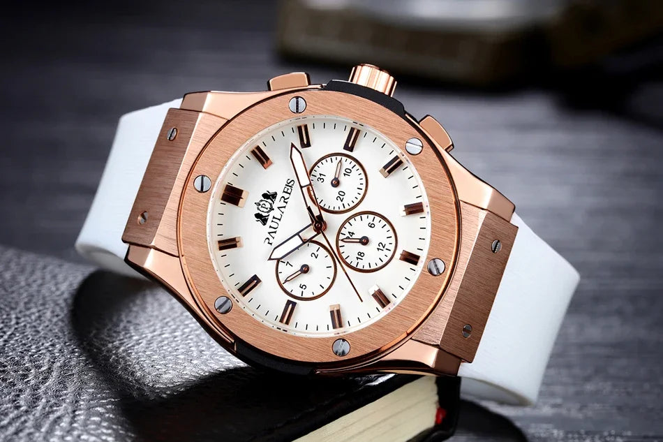 Automatic Watches for Men Mechanical Movement Rose Gold Silver Black Case White Rubber Casual Sports Geneve Watch