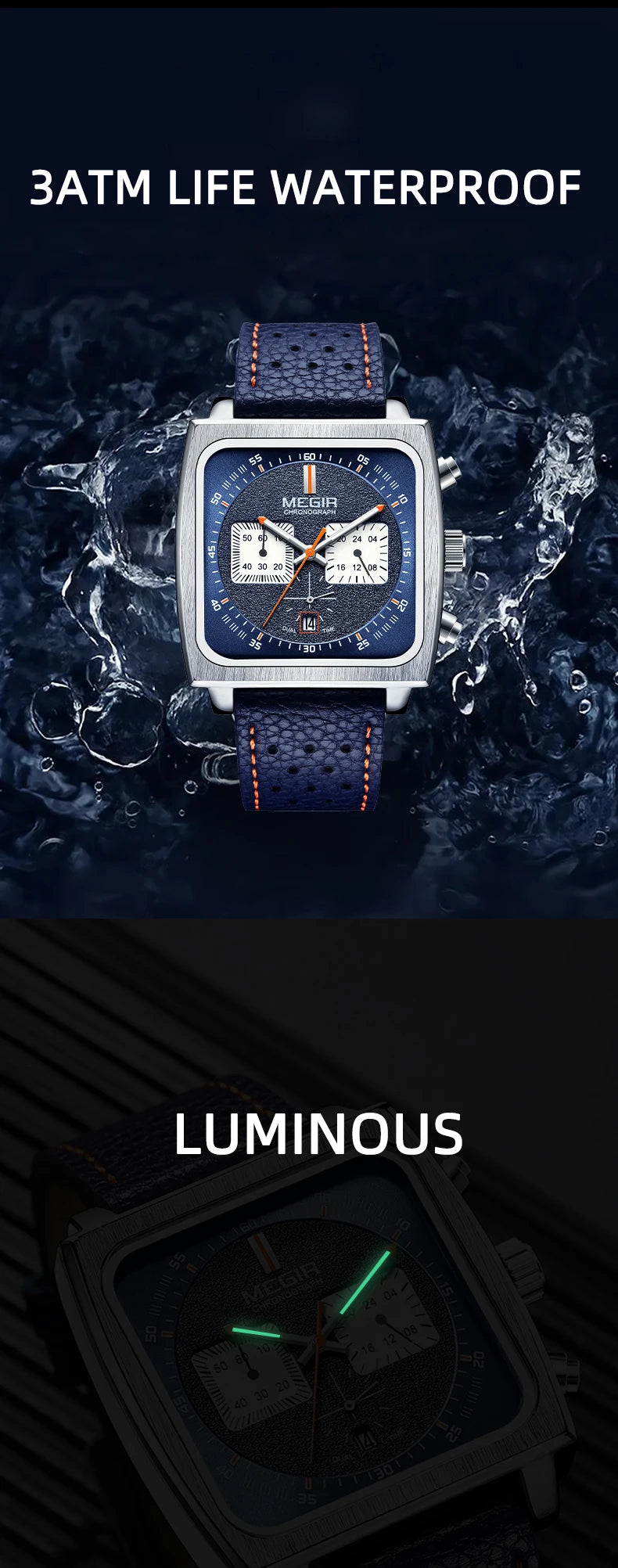 MEGIR Square Dial Chronograph Quartz Watches for Men Fashion Blue Leather Strap Casual Sport Wristwatch with Date 24-hour 2182