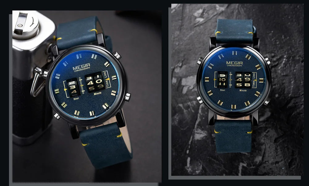 MEGIR Luxury Brand Men Sport Casual Watches Leather Strap Digital Roller Pointer Quartz Wristwatch Clock Relogio Masculino 2137