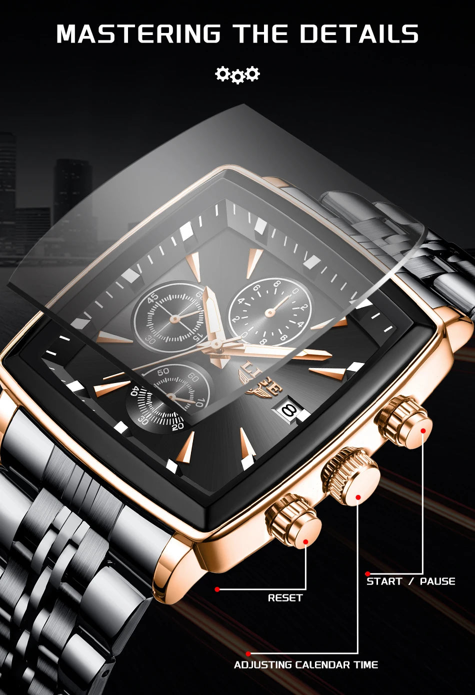 LIGE Fashion Luxury  Watches for Men Square Dial Stainless Steel Waterproof Luminous Auto Date Chronograph Quartz Man Watch+Box