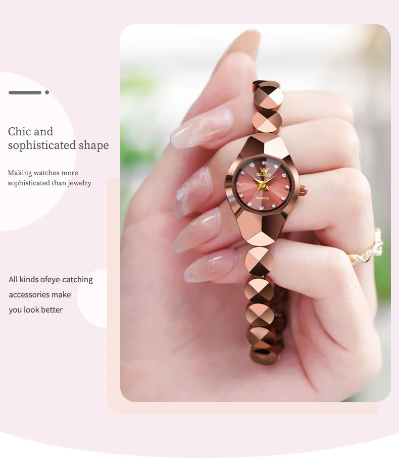 OLEVS 7007 Ladies Watches Original Quartz Wristwatch Rhombus Mirror Diamond Scale Tungsten Steel Watch for Women Bracelet Set
