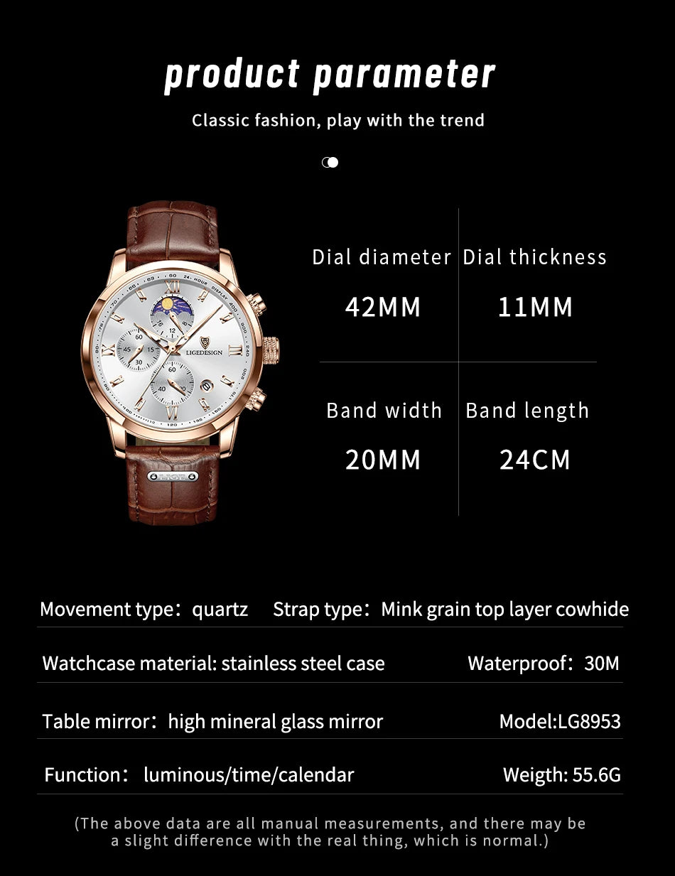 LIGE New Casual Men Watch Luxury Leather Waterproof Sport Quartz Wristwatch Chronograph Military Watch for Men Relogio Masculino