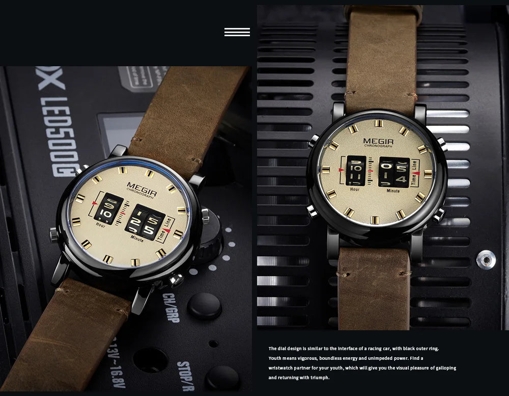 MEGIR Luxury Brand Men Sport Casual Watches Leather Strap Digital Roller Pointer Quartz Wristwatch Clock Relogio Masculino 2137