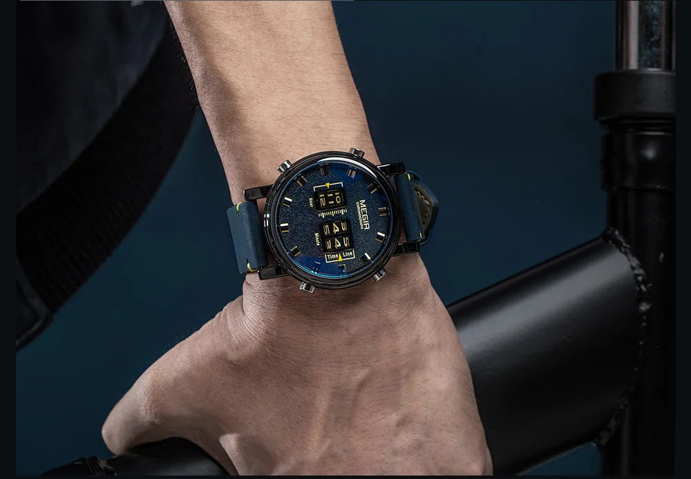 MEGIR Luxury Brand Men Sport Casual Watches Leather Strap Digital Roller Pointer Quartz Wristwatch Clock Relogio Masculino 2137
