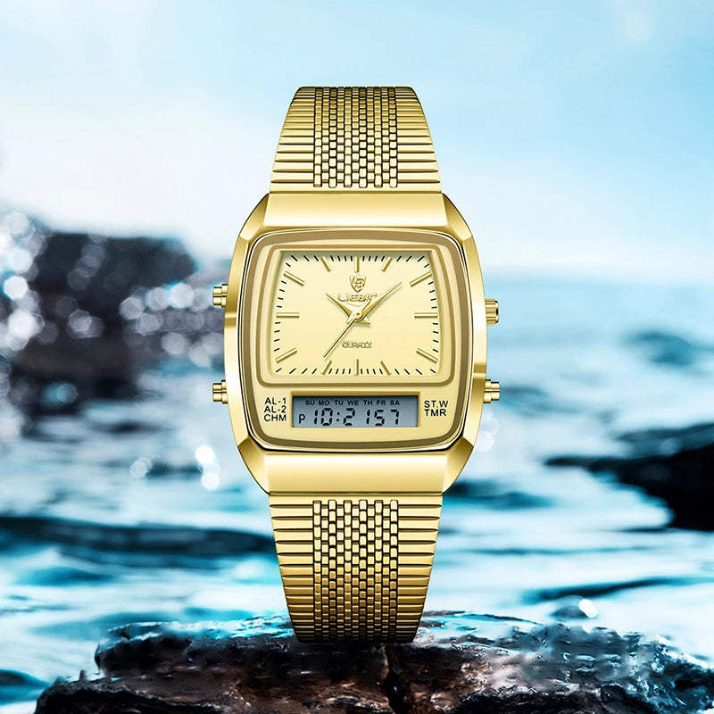New Fashion Casual Watch Men Digital Dual Time Week Gold Sport 3bar Waterproof Quartz Wristwatches Clock relogio masculino L1030