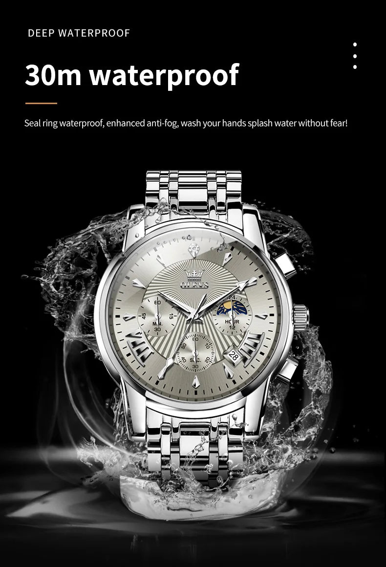OLEVS Men's Watches 2892 Luxury Business Original Top Brand Quartz Watch for Man Waterproof Moon Phase Date Chronograph Luminous
