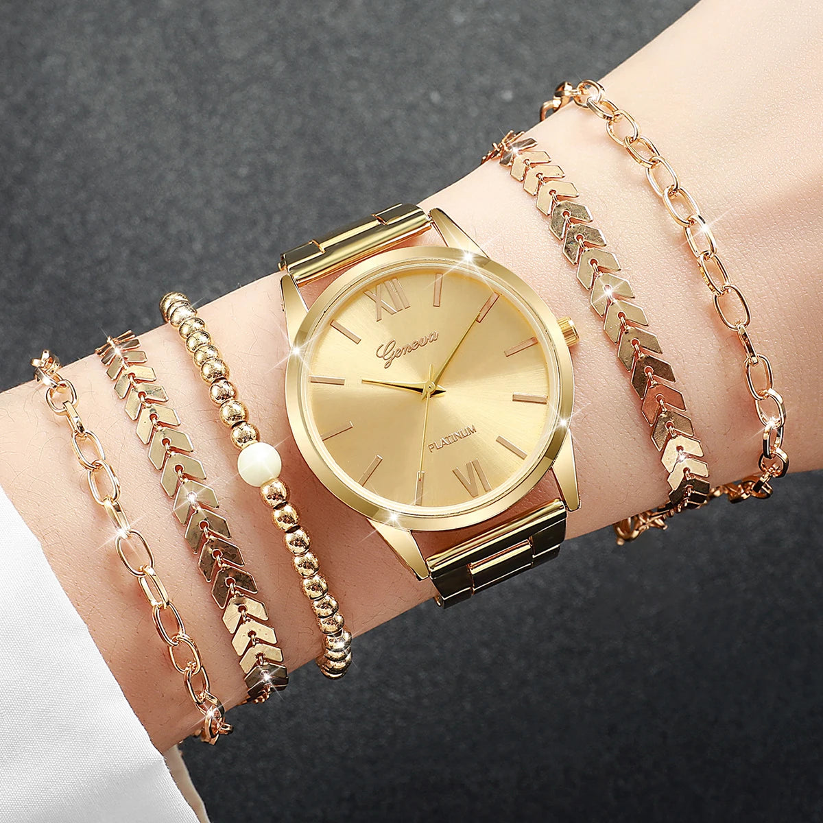 3/6PCS Fashion Women Watches Simple Roma Dial Analog Quartz Wristwatch Bracelets Set Reloj Mujer（Without Box）
