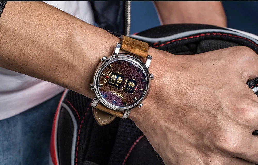 MEGIR Luxury Brand Men Sport Casual Watches Leather Strap Digital Roller Pointer Quartz Wristwatch Clock Relogio Masculino 2137
