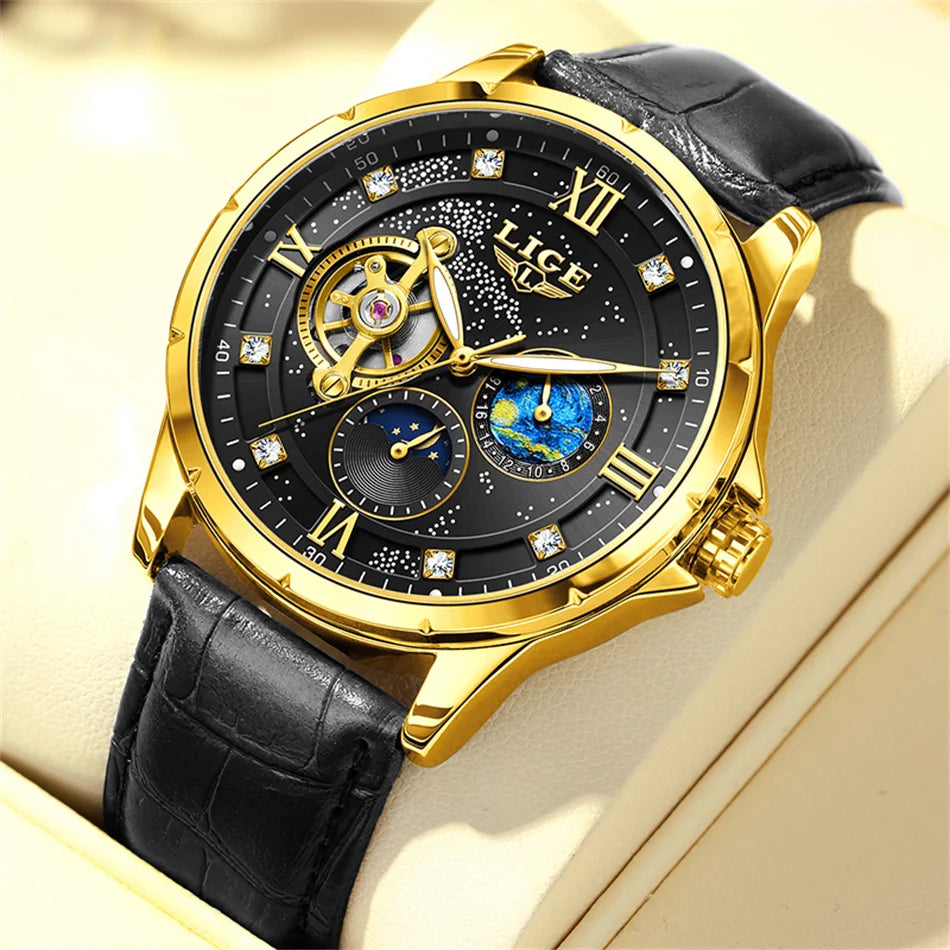LIGE Top Luxury Mechanical Watches Men Fashion Diamonds Automatic Mens Watch 30M Waterproof Luminous Wristwatch Male Reloj 2026